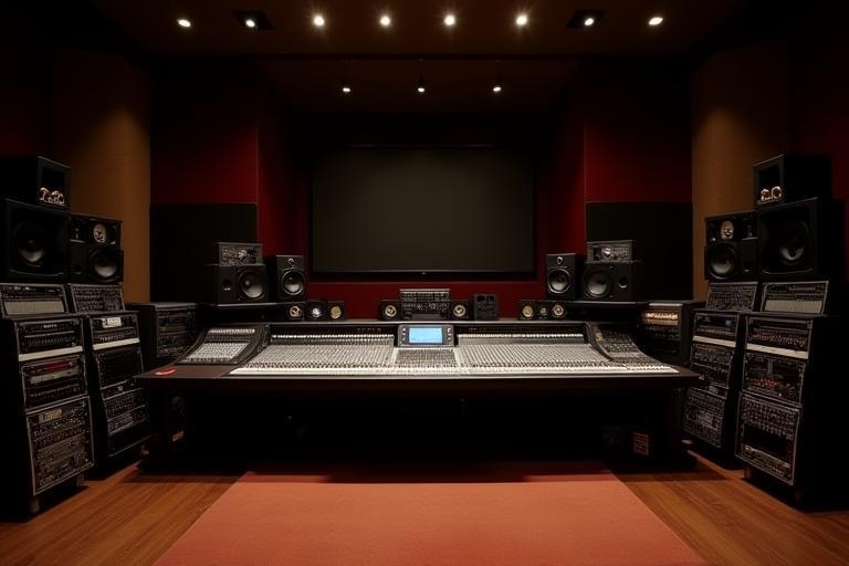Spacious recording studio control room with a large format mixing console, monitors, and outboard gear racks