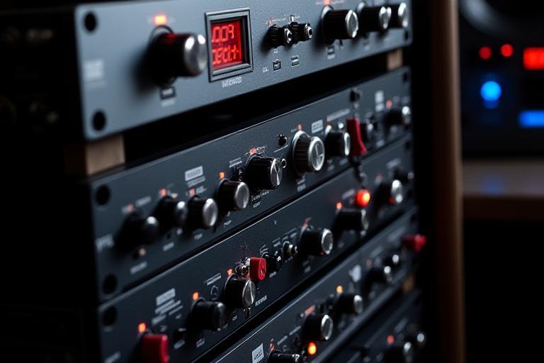 Rack of high-end, professional audio processing equipment and preamplifiers