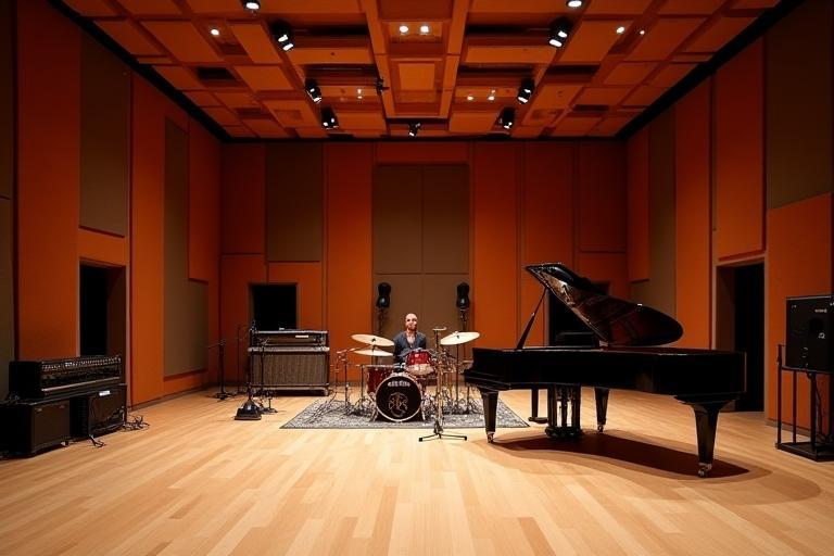 Large, acoustically treated live room capable of accommodating multiple musicians and instruments, including a drum set