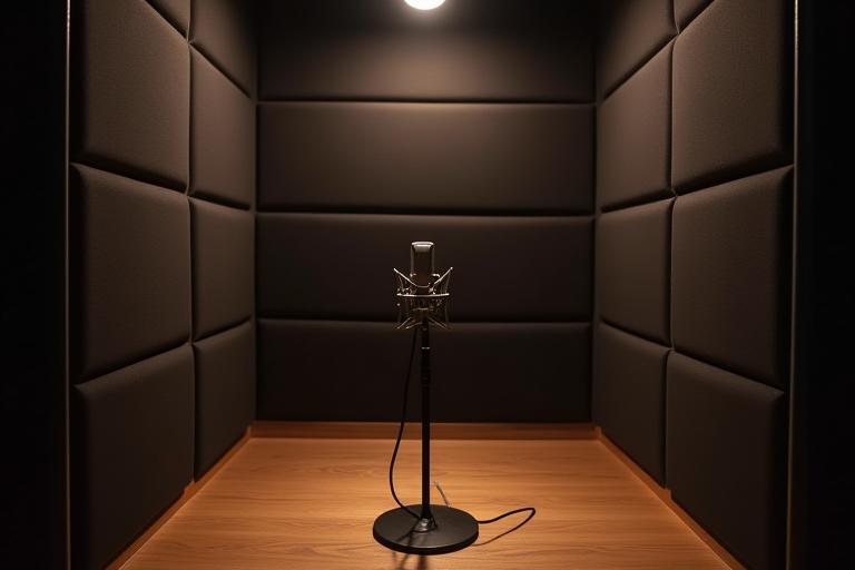 Small, highly isolated and acoustically treated vocal booth with a microphone and stand