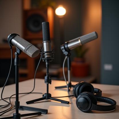 Podcast recording setup with microphones and headphones