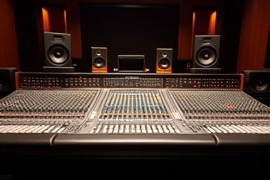 Professional audio mixing console with illuminated faders and monitors