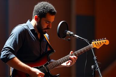 Talented musician playing an electric guitar in a recording studio