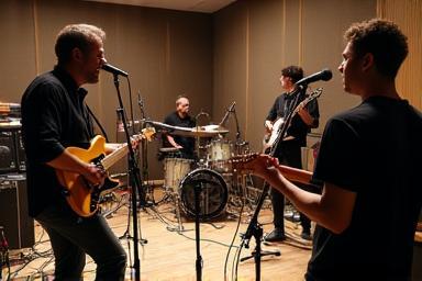 Musicians collaborating and playing instruments in a professional recording studio environment