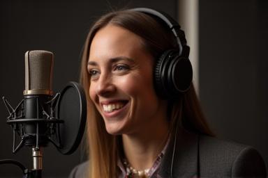Person speaking clearly into a microphone in a studio setting